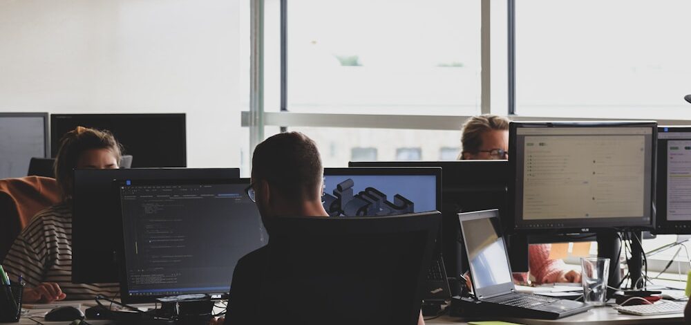 people sitting on chair in front of computer monitor